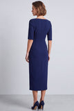 Sky Blue Sheath Square Neck Work Dress With Slit