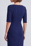 Sky Blue Sheath Square Neck Work Dress With Slit