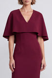 Burgundy V-Neck Sheath Work Dress With Cape