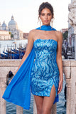 Strapless Sparkly Bodycon Red Homecoming Dress With Scarf