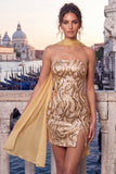 Strapless Sparkly Bodycon Red Homecoming Dress With Scarf