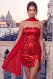 Strapless Sparkly Bodycon Red Homecoming Dress With Scarf