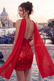 Strapless Sparkly Bodycon Red Homecoming Dress With Scarf