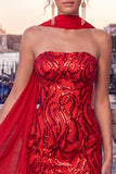 Strapless Sparkly Bodycon Red Homecoming Dress With Scarf