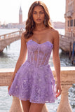 Strapless Corset Lilac Floral A Line Homecoming Dress