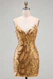 V-Neck Bodycon Gold Sparkly Homecoming Dress