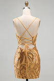 V-Neck Bodycon Gold Sparkly Homecoming Dress