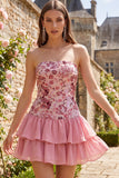 Strapless Sky Blue Floral A Line Sequins Homecoming Dress