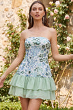 Strapless Sky Blue Floral A Line Sequins Homecoming Dress