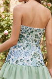 Strapless Sky Blue Floral A Line Sequins Homecoming Dress