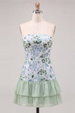 Strapless Sky Blue Floral A Line Sequins Homecoming Dress