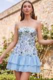 Strapless Sky Blue Floral A Line Sequins Homecoming Dress