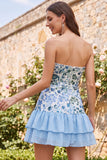 Strapless Sky Blue Floral A Line Sequins Homecoming Dress