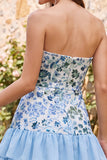 Strapless Sky Blue Floral A Line Sequins Homecoming Dress