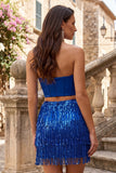 Royal Blue Corset Strapless Bodycon Homecoming Dress With Fringes