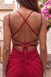 V-Neck Red Beaded Bodycon Homecoming Dress