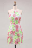 Pink Floral Halter A Line Cut Out Homecoming Dress