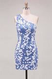 One Shoulder Blue Sequins Bodycon Homecoming Dress