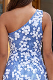 One Shoulder Blue Sequins Bodycon Homecoming Dress