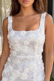 Pink Square Neck Sequins Bodycon Homecoming Dress With 3D Flower