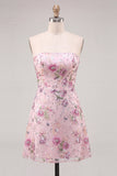Strapless Pink Floral Sequins A Line Homecoming Dress
