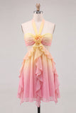 Yellow and Pink Halter Ruffled A Line Homecoming Dress