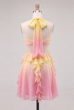 Yellow and Pink Halter Ruffled A Line Homecoming Dress