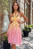 Yellow and Pink Halter Ruffled A Line Homecoming Dress