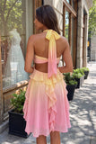 Yellow and Pink Halter Ruffled A Line Homecoming Dress