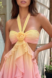 Yellow and Pink Halter Ruffled A Line Homecoming Dress