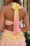 Yellow and Pink Halter Ruffled A Line Homecoming Dress