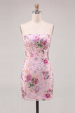 Strapless Sequins Pink Floral Bodycon Homecoming Dress