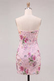 Strapless Sequins Pink Floral Bodycon Homecoming Dress