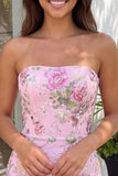 Strapless Sequins Pink Floral Bodycon Homecoming Dress