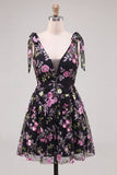 Black V-Neck A Line Floral Homecoming Dress With Bows