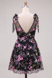 Black V-Neck A Line Floral Homecoming Dress With Bows