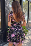 Black V-Neck A Line Floral Homecoming Dress With Bows