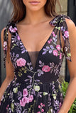 Black V-Neck A Line Floral Homecoming Dress With Bows