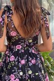 Black V-Neck A Line Floral Homecoming Dress With Bows