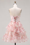 Strapless Corset Pink A Line Floral Homecoming Dress With Pearls