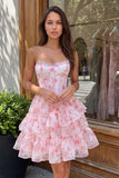 Strapless Corset Pink A Line Floral Homecoming Dress With Pearls