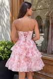 Strapless Corset Pink A Line Floral Homecoming Dress With Pearls