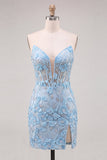 Strapless Corset Sky Blue Floral Bodycon Homecoming Dress