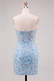 Strapless Corset Sky Blue Floral Bodycon Homecoming Dress
