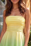 Yellow and Green Strapless Ruched A Line Homecoming Dress