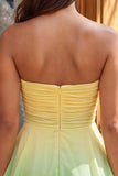 Yellow and Green Strapless Ruched A Line Homecoming Dress