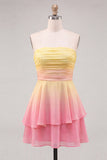 Yellow and Green Strapless Ruched A Line Homecoming Dress