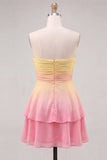 Yellow and Green Strapless Ruched A Line Homecoming Dress