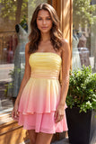 Yellow and Green Strapless Ruched A Line Homecoming Dress