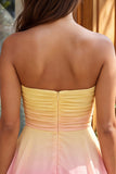 Yellow and Green Strapless Ruched A Line Homecoming Dress